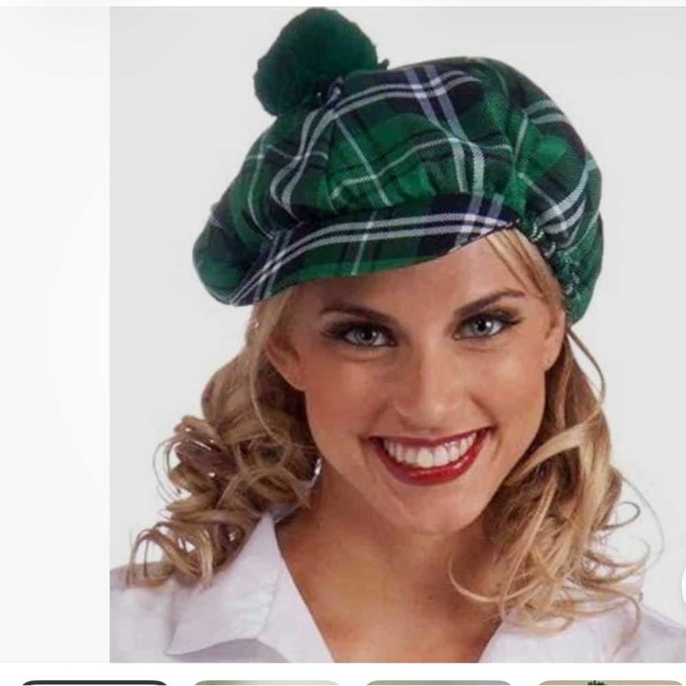 St Patrick's Day Hat Green Plaid Tribly Beret Hat Green Pompom Adult OS Golf